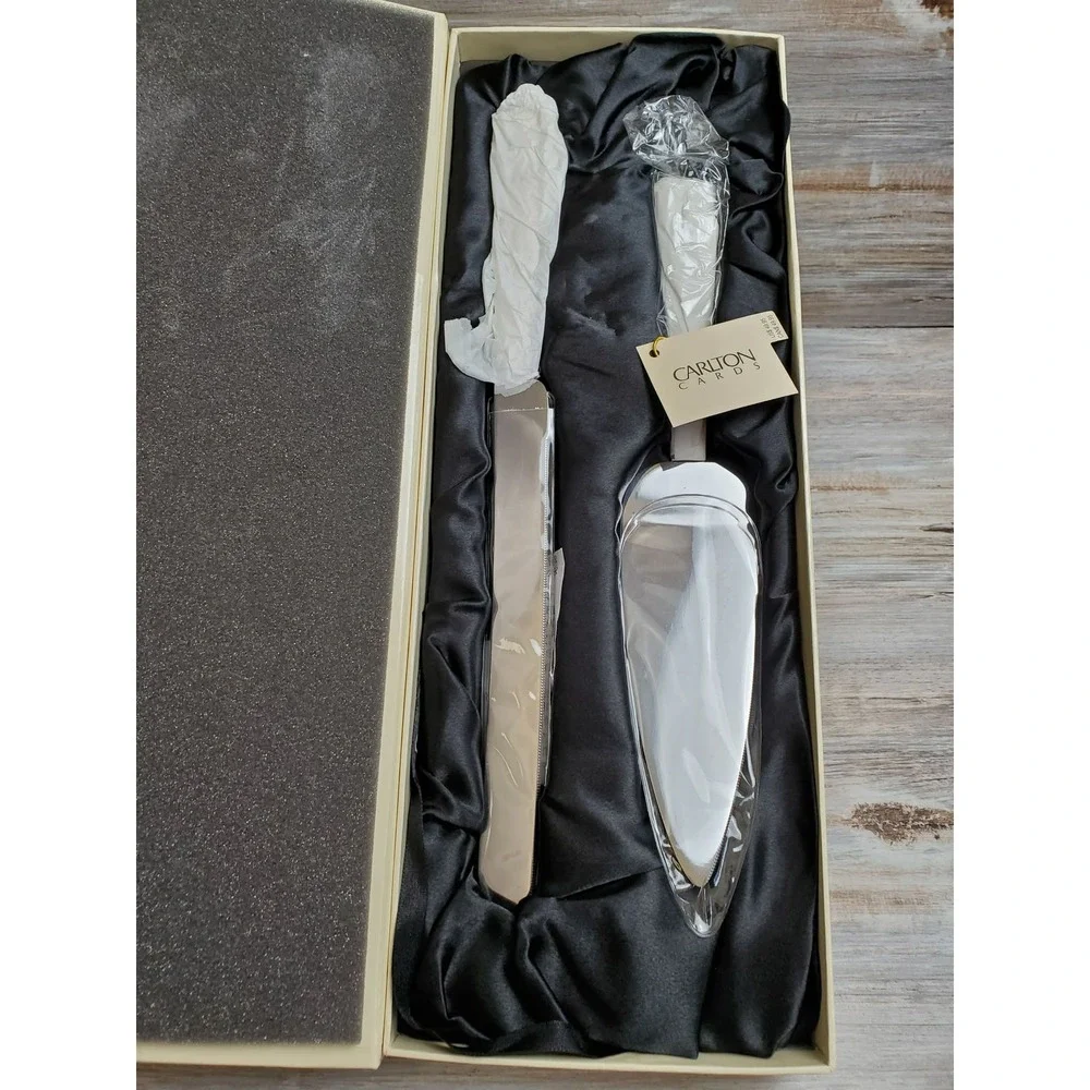 Carlton Cards Wedding Cake Server and Knife Set Silver Scroll Rhinestone NWT